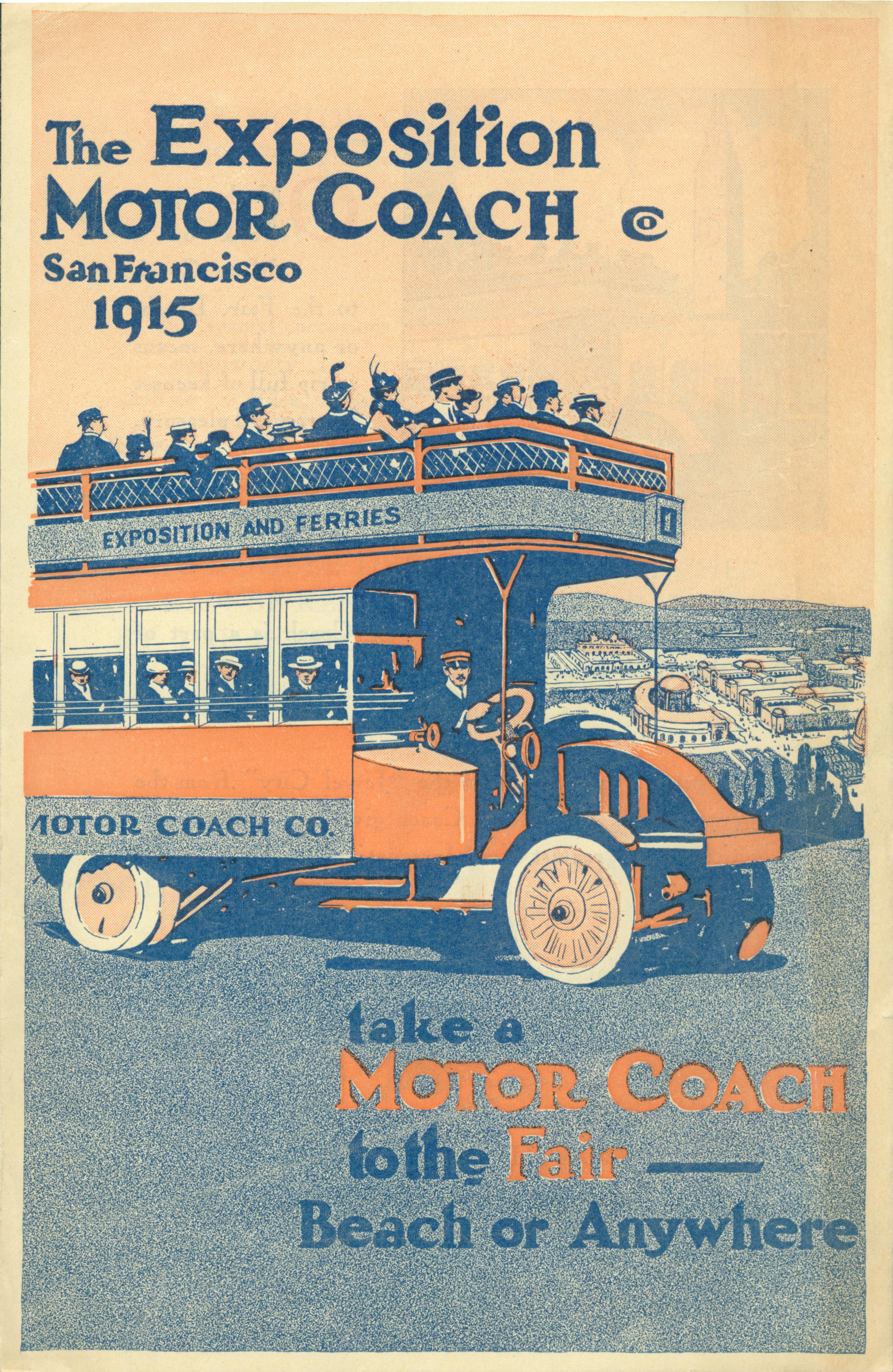 The front of this pamphlet shows a loaded bus with an open upper deck with the pamphlet title above and below.